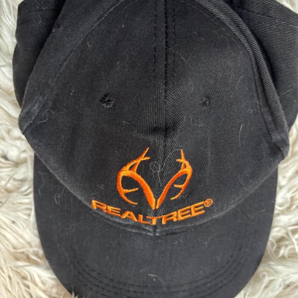 Black Realtree cap with orange deer antlers